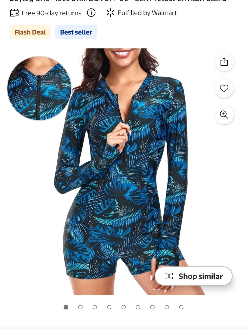 Ocean Blue Long Sleeve Tropical Print Women's Rash Guard One-Piece Swimsuit-M